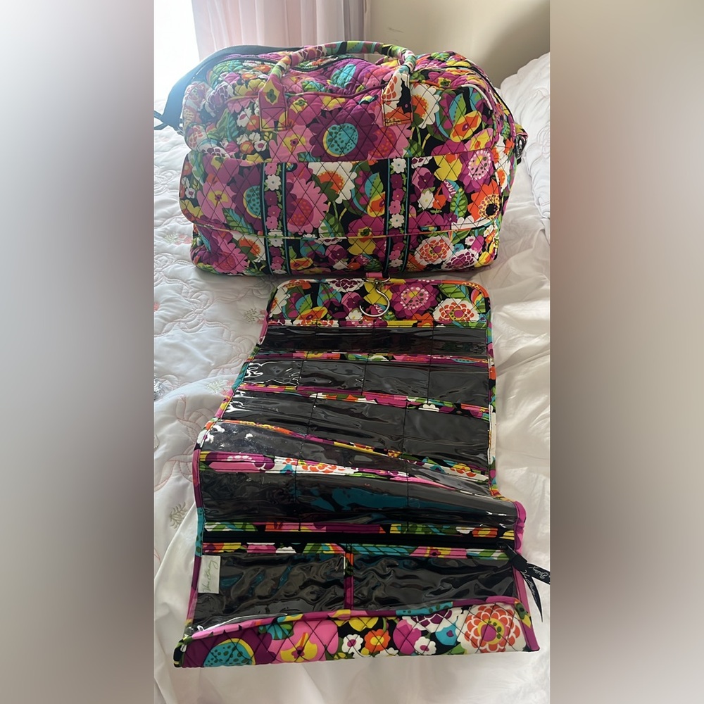 Vera Bradley Pink Floral Quilted Travel Tote with Organizer Set